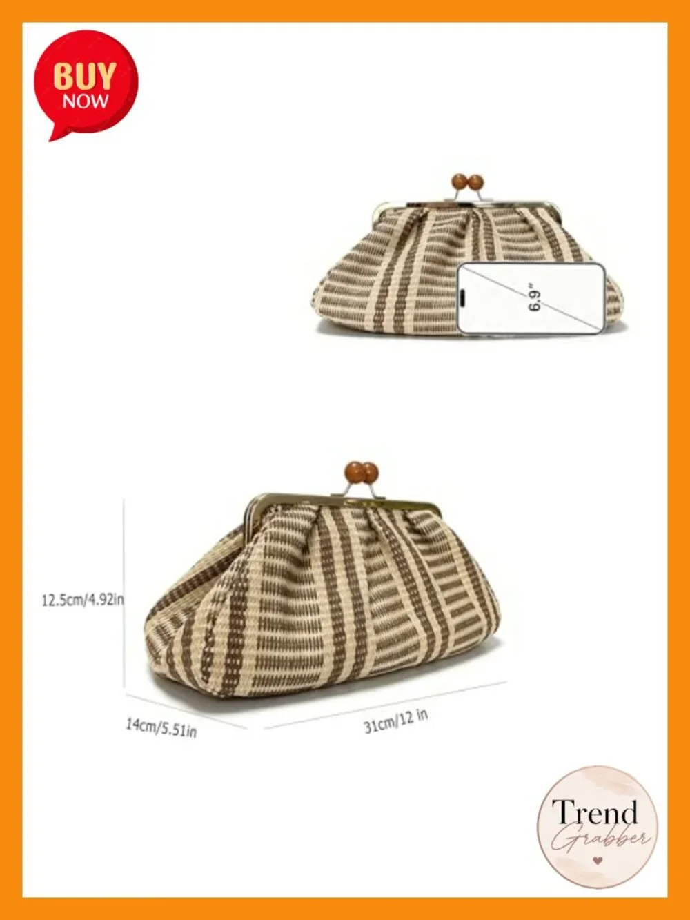 Handwoven Straw Clutch Purse with Kiss Lock Closure, Dumpling Shape Beach Bag